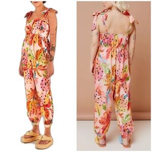 Farm Rio Square Neck Jumpsuit Tropical Banana Tie Shoulder Colorful Sz P